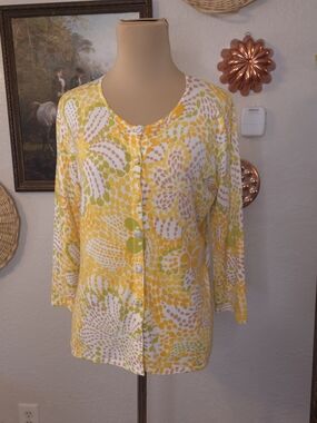 Escio Yellow Green Peach Abstract Dot Print Cardigan Grandmillennial Y2K Retro